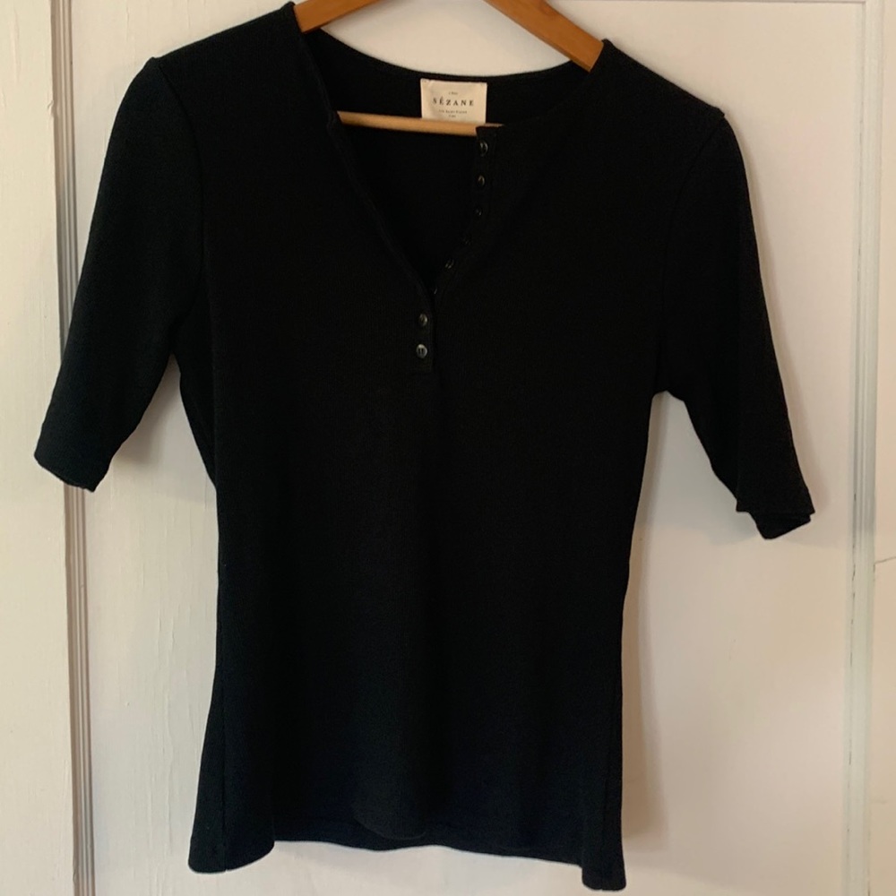 Sezane black EUC Henley ribbed shirt. Size L